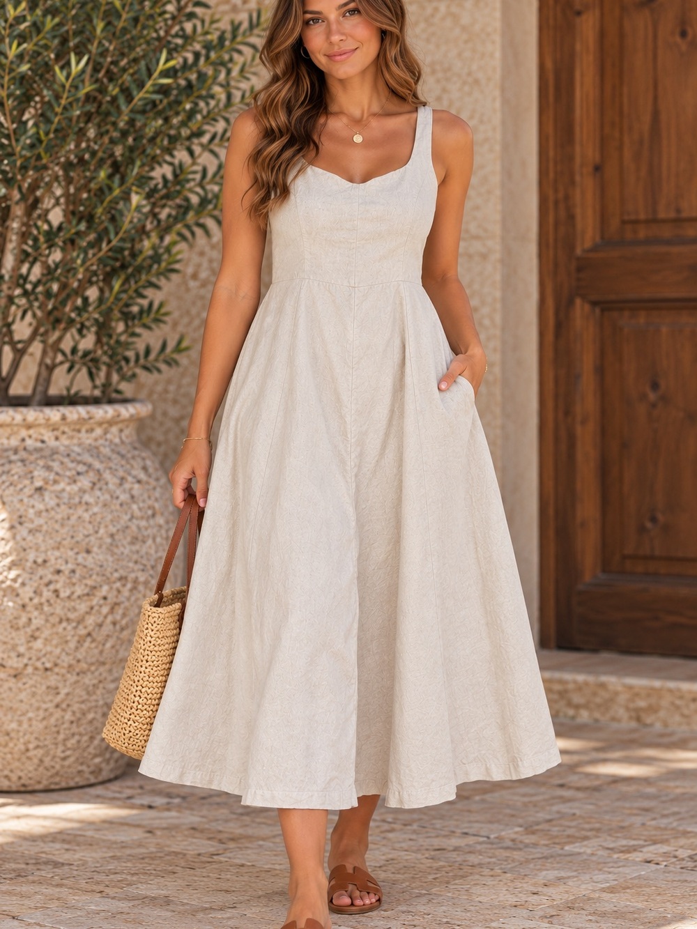 Old Navy Cream Sweetheart Neckline A-Line Midi Dress